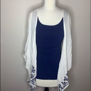 White Cardigan and Navy Tank Top